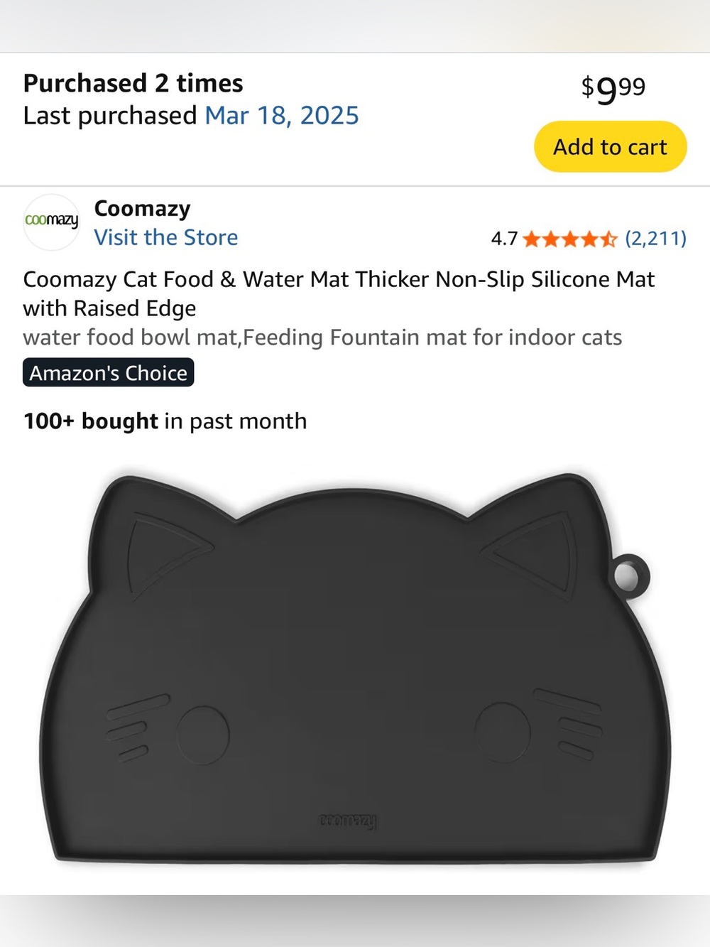 Black Cat-Shaped Non-Slip Silicone Cat Food & Water Mat